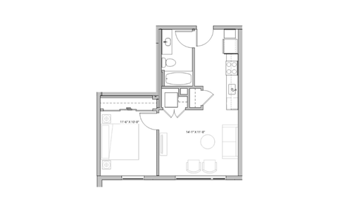 bedroom floor plan of a small apartment with a closet